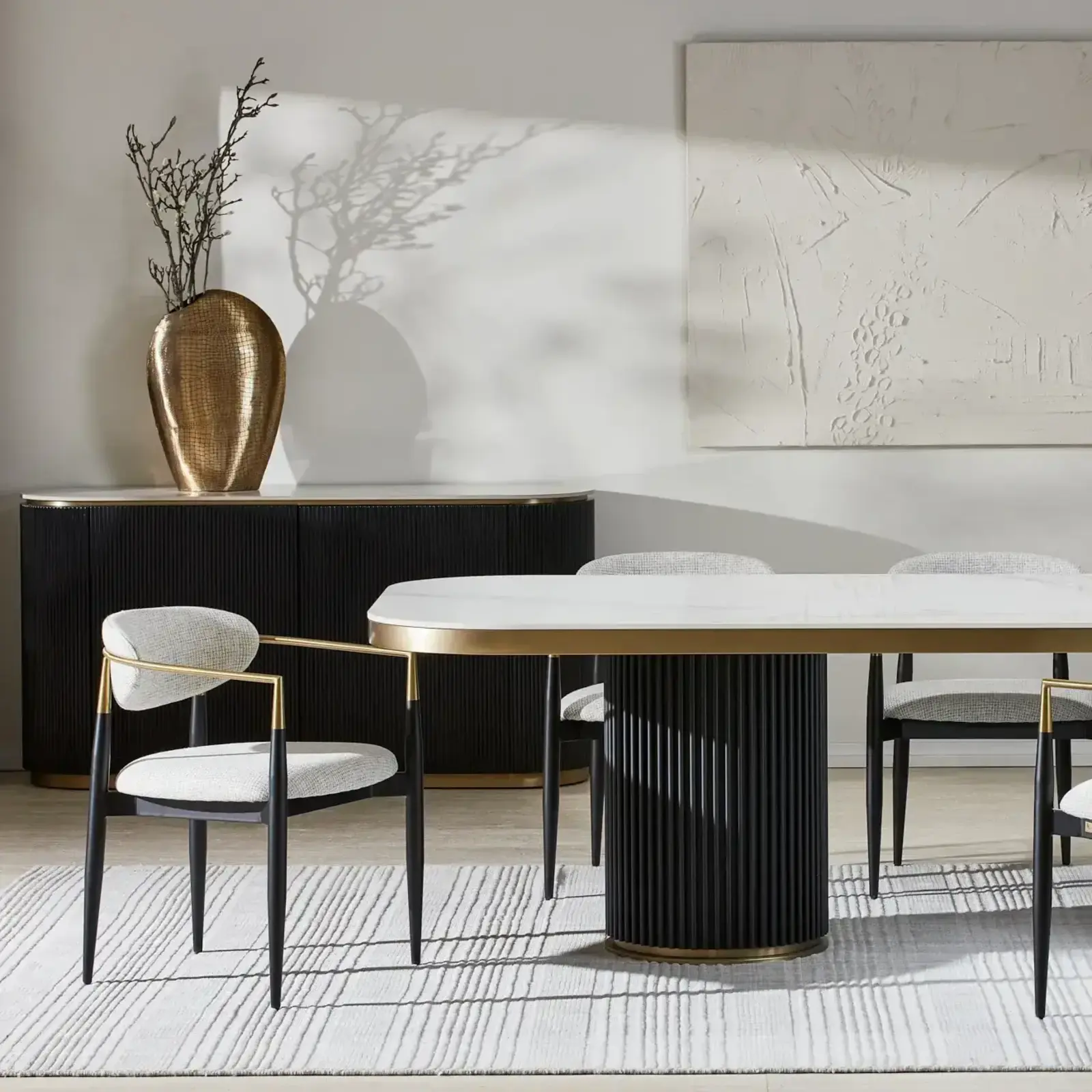 Archie Statuario White Sintered Stone Curved Dining Table - Matte Black Legs 200x100cm