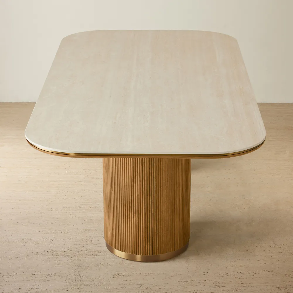 San Pierre Light Brown Ash Veneer Two-Leg Rectangular Dining Table with Travertine Finish Sintered Stone Top - 240x120cm