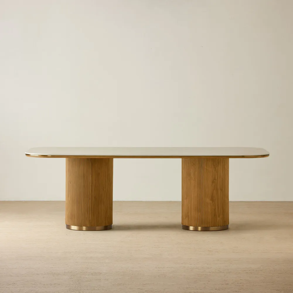 San Pierre Light Brown Ash Veneer Two-Leg Rectangular Dining Table with Travertine Finish Sintered Stone Top - 240x120cm
