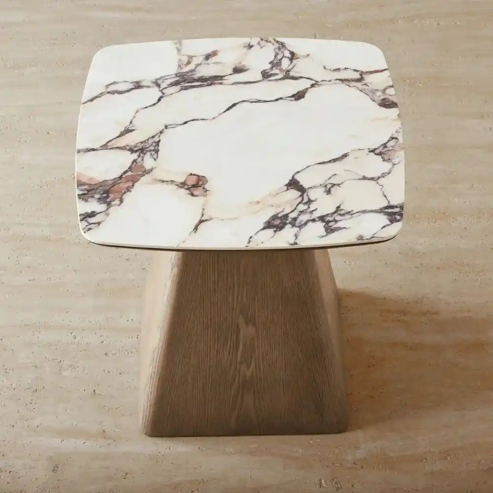 Dunstan Calacatta Viola Sintered Stone Side Table - Medium Brown Wooden Legs