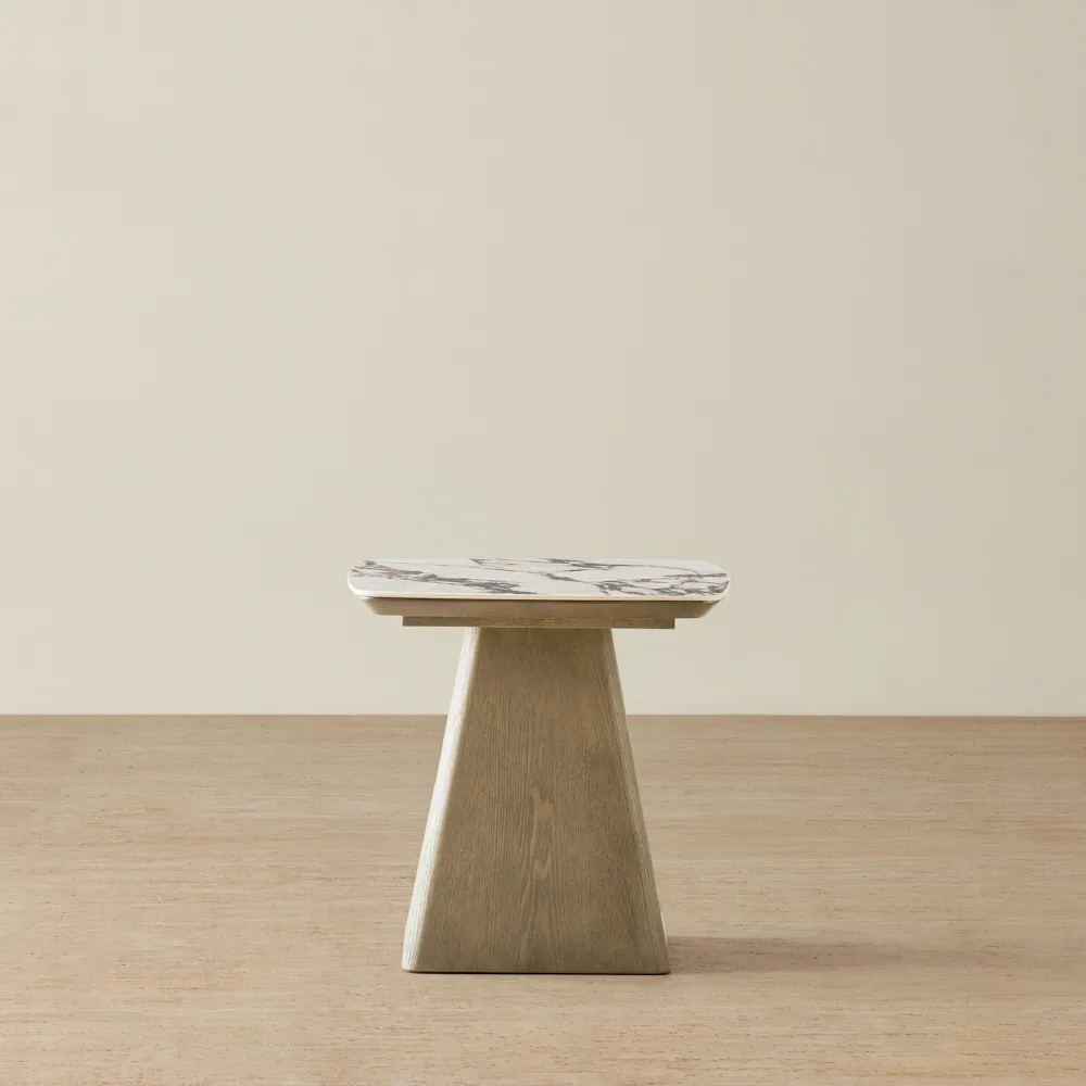 Dunstan Medium Brown Veneer Side Table with Calcatta Viola Sintered Stone Top