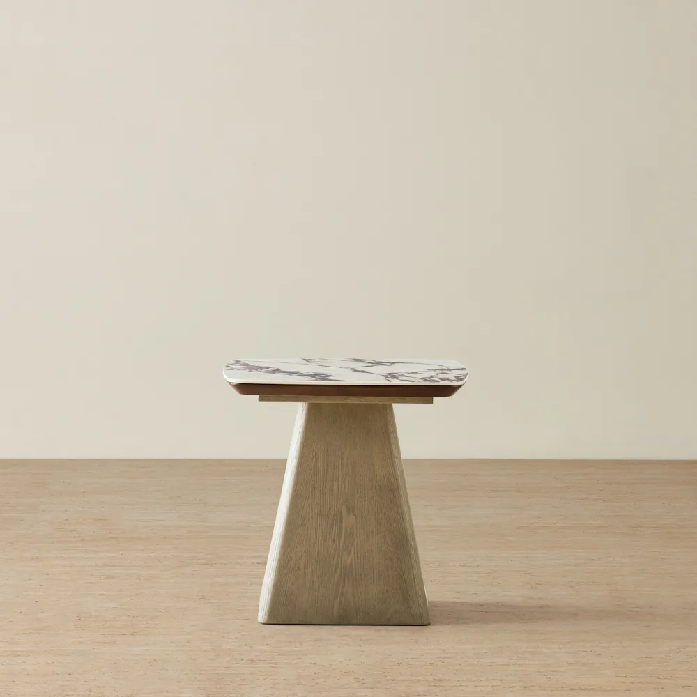 Dunstan Medium Brown Veneer Side Table with Calcatta Viola Sintered Stone Top