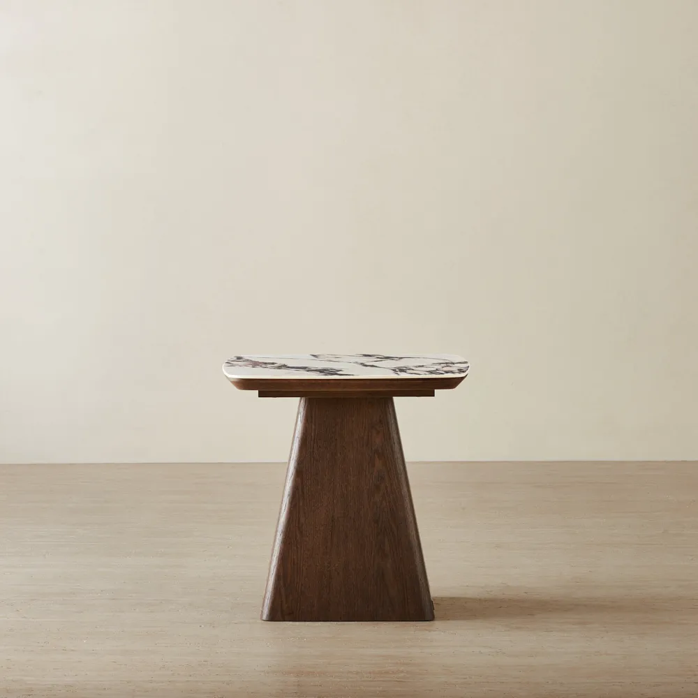 Dunstan Amber Brown Veneer Side Table with Calcatta Viola Sintered Stone Top