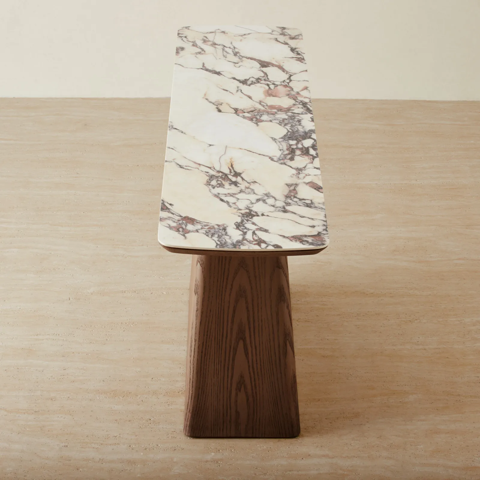 Dunstan Amber Brown Veneer Console Table with Calacatta Viola Sintered Stone Top