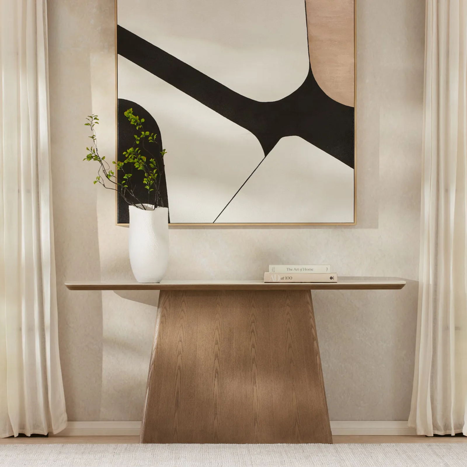 Dunstan Amber Brown Veneer Console Table with Calacatta Viola Sintered Stone Top