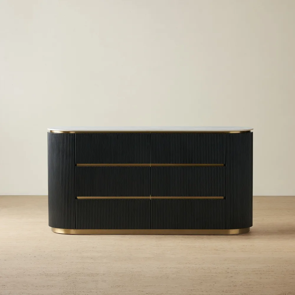 Archie Black Wooden 6-Drawer Dresser with White Sintered Stone Top