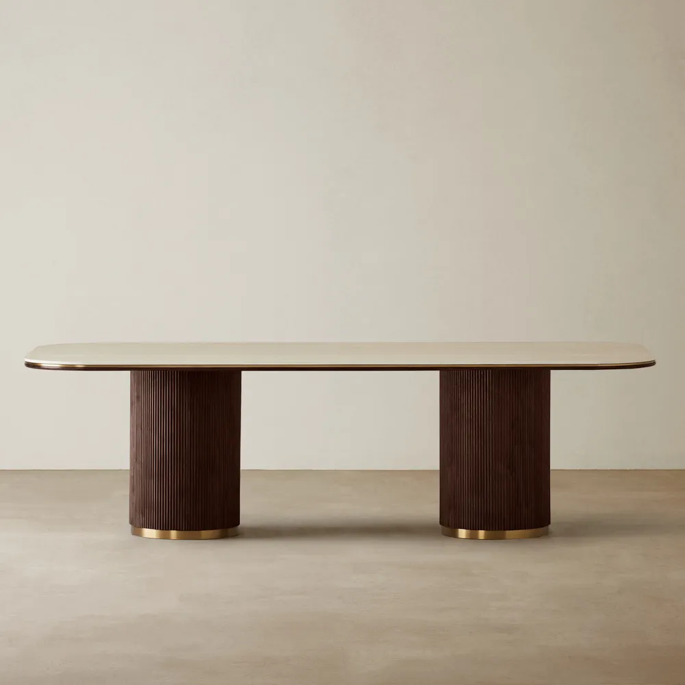 San Pierre Ebony Brown Ash Veneer Dining Table - Two Legs - Travertine Finish Sintered Stone Top 270x120cm