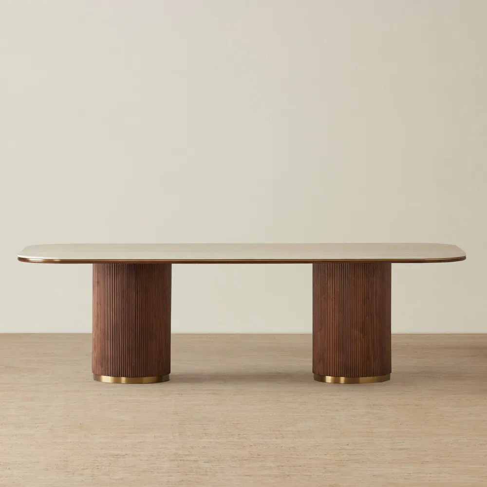 San Pierre Walnut Veneer Two-Leg Rectangular Dining Table with Travertine Finish Sintered Stone Top - 270x120cm