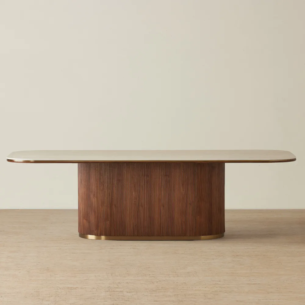 San Pierre Walnut Veneer Single Leg Rectangular Dining Table with Travertine Finish Sintered Stone Top - 270x120cm