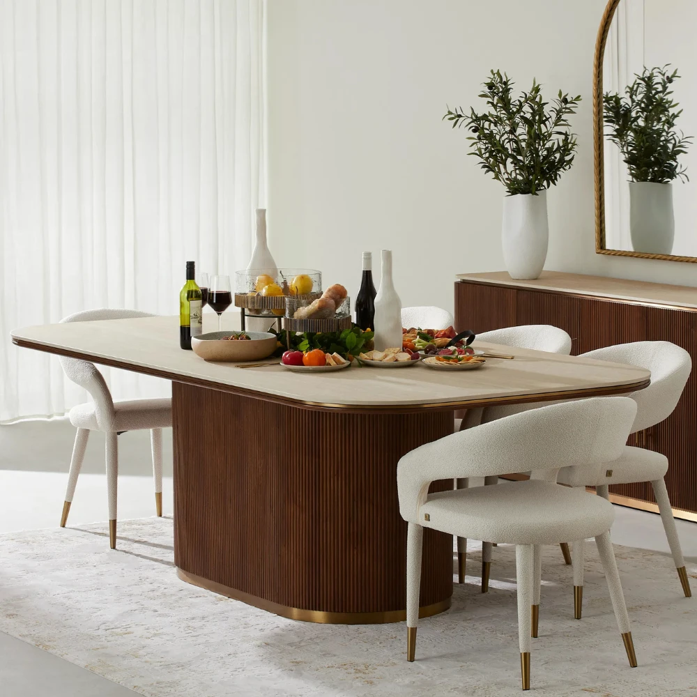 San Pierre Walnut Veneer Dining Table - Single Leg - Travertine Finish Sintered Stone Top 270x120cm