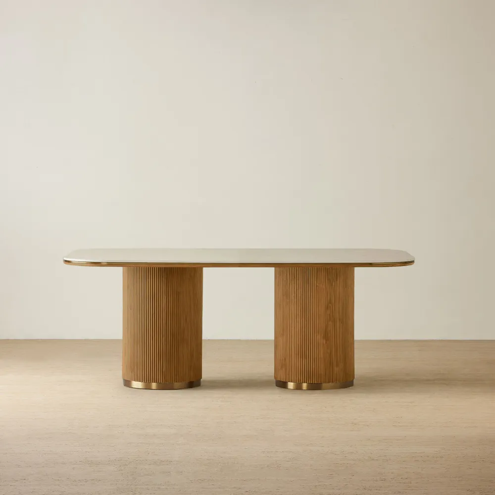 San Pierre Light Brown Ash Veneer Two-Leg Rectangular Dining Table with Travertine Finish Sintered Stone Top - 200x110cm