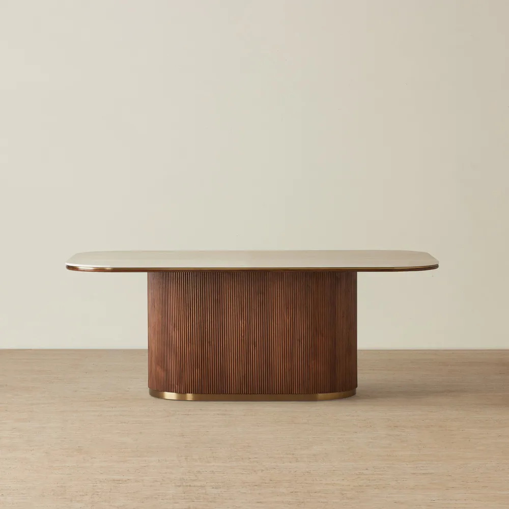 San Pierre Walnut Veneer Single Leg Rectangular Dining Table with Travertine Finish Sintered Stone Top - 200x110cm