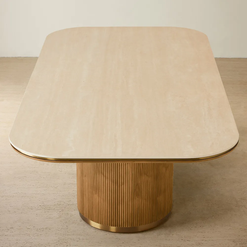 San Pierre Light Brown Ash Veneer Single Leg Rectangular Dining Table with Travertine Finish Sintered Stone Top - 200x110cm