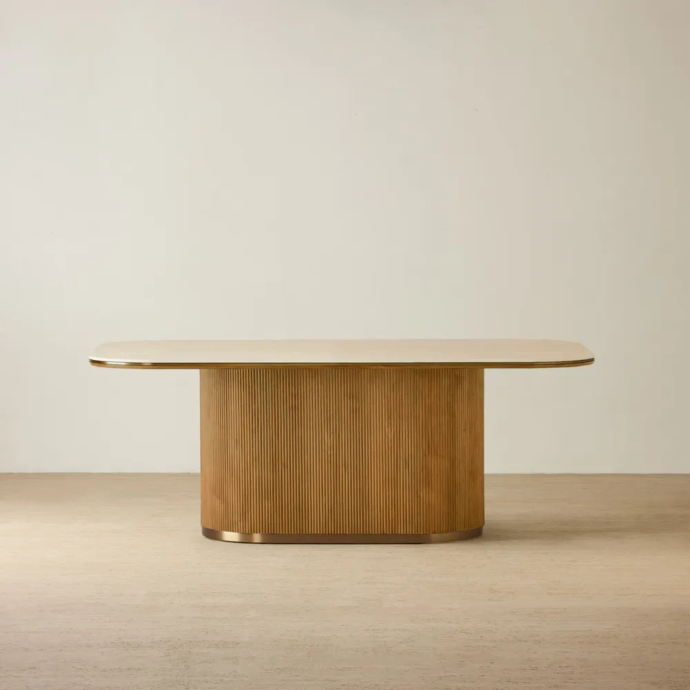 San Pierre Light Brown Ash Veneer Single Leg Rectangular Dining Table with Travertine Finish Sintered Stone Top - 200x110cm