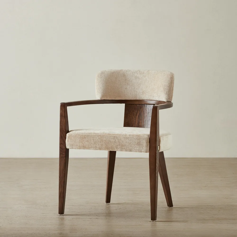 Lila Soft Beige Fabric Dining Chair - Amber Brown Wooden Legs