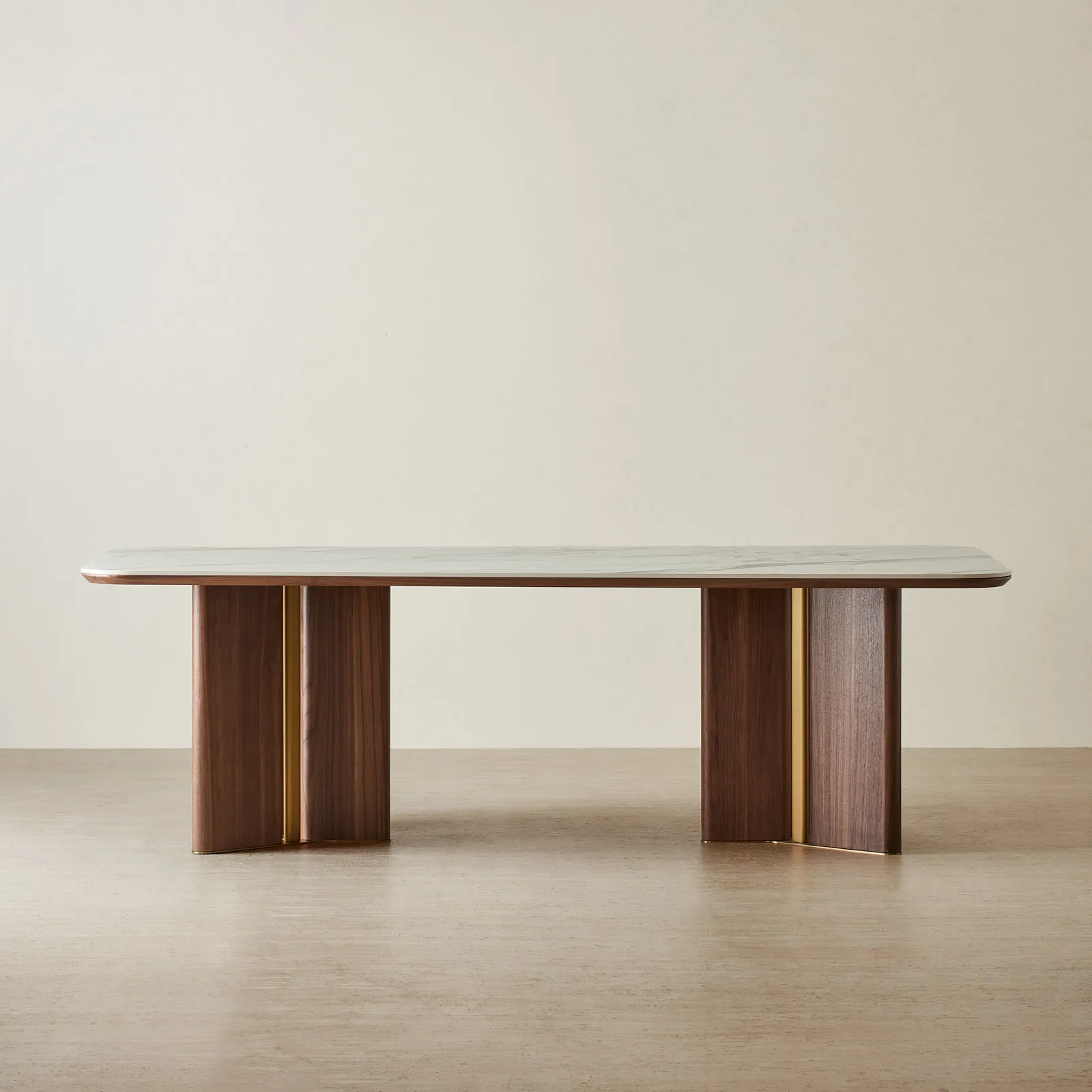 Sir Lionell II Gliding White Sintered Stone Rectangular Dining Table - Walnut Brown Wooden Legs 240x120cm