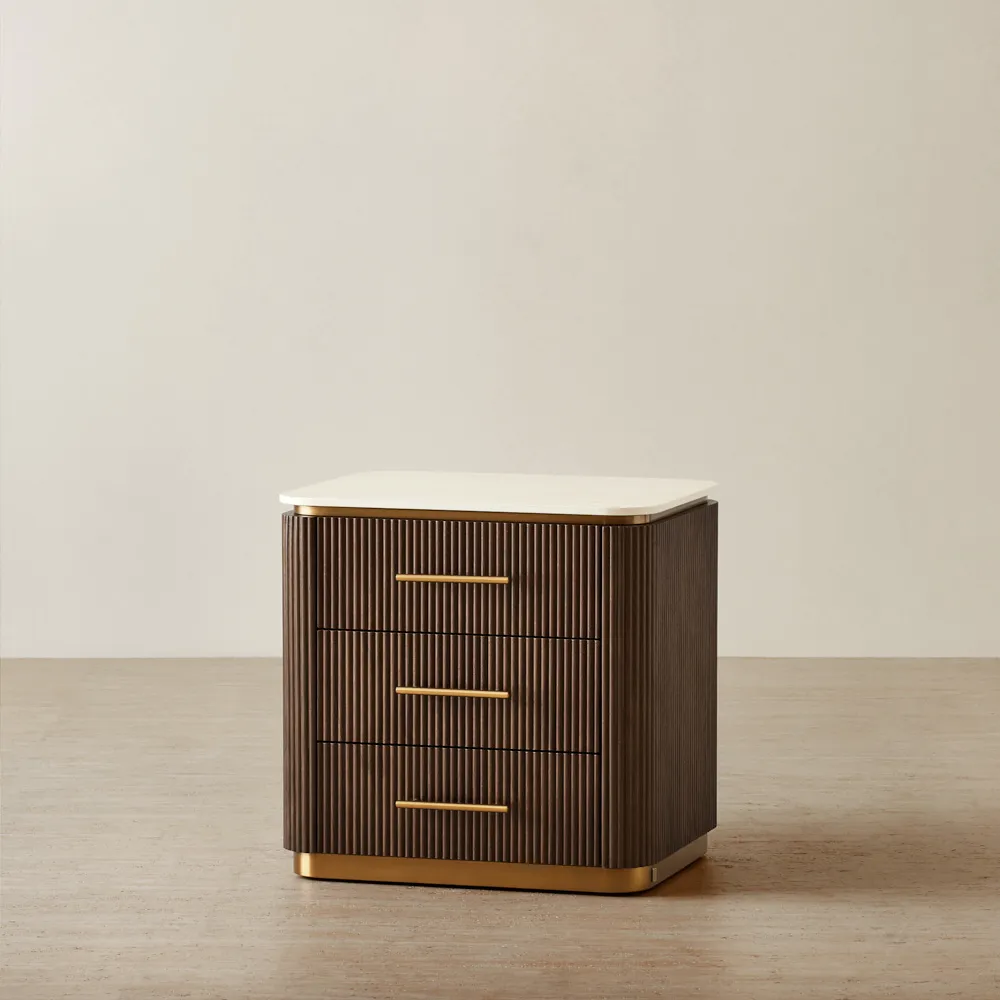 San Pierre Ebony Brown Ash Veneer Bedside Table - Cream Travertine Finish Sintered Stone Top