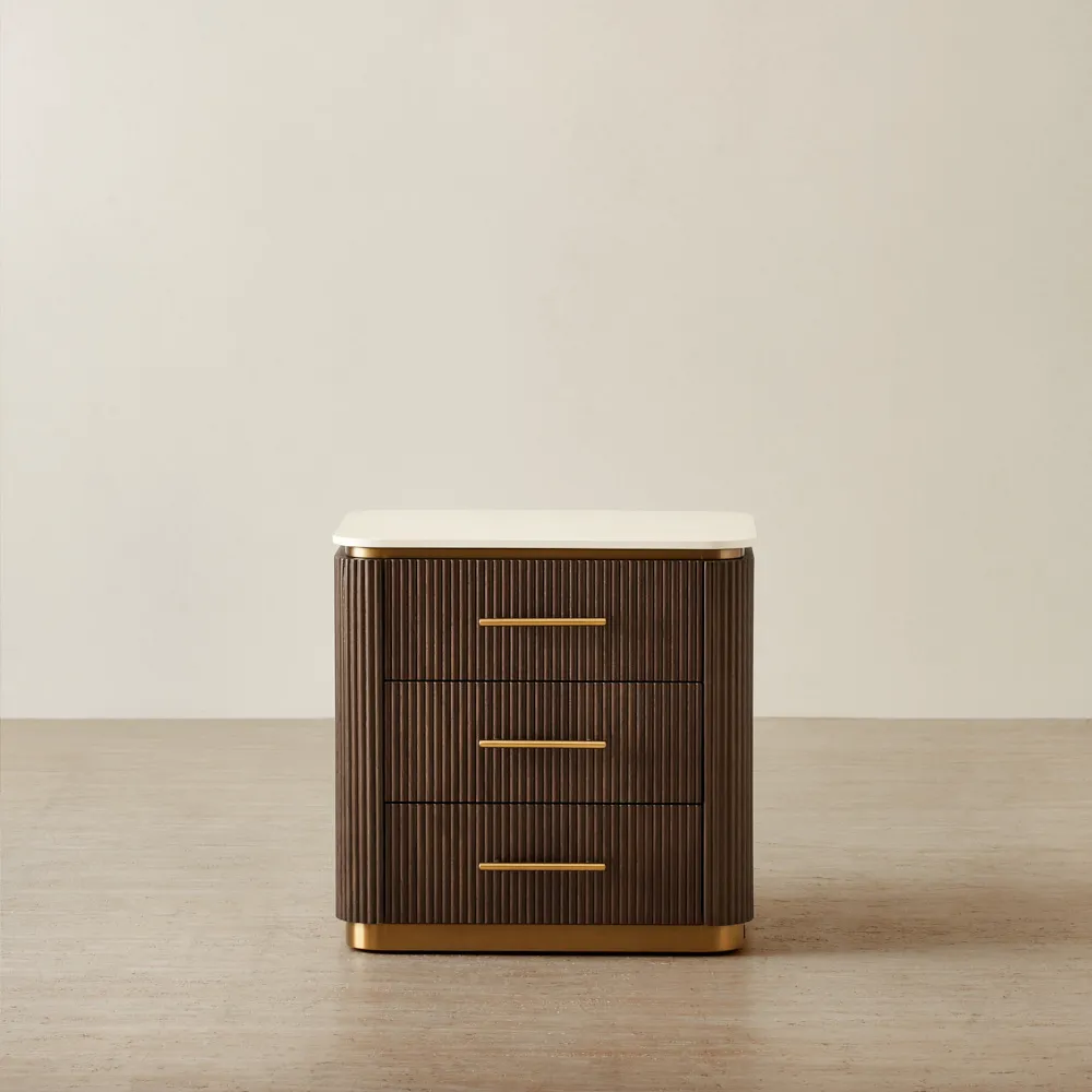 San Pierre Ebony Brown Ash Veneer Bedside Table - Cream Travertine Finish Sintered Stone Top