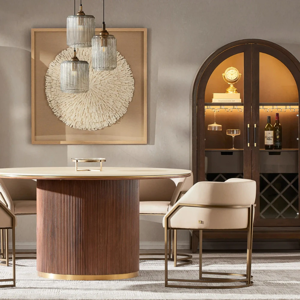 San Pierre Walnut Veneer Round Dining Table - Single Leg -  Travertine Finish Sintered Stone Top 150cm