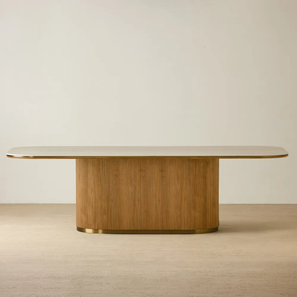 San Pierre Light Brown Ash Veneer Single Leg Rectangular Dining Table with Travertine Finish Sintered Stone Top - 270x120cm