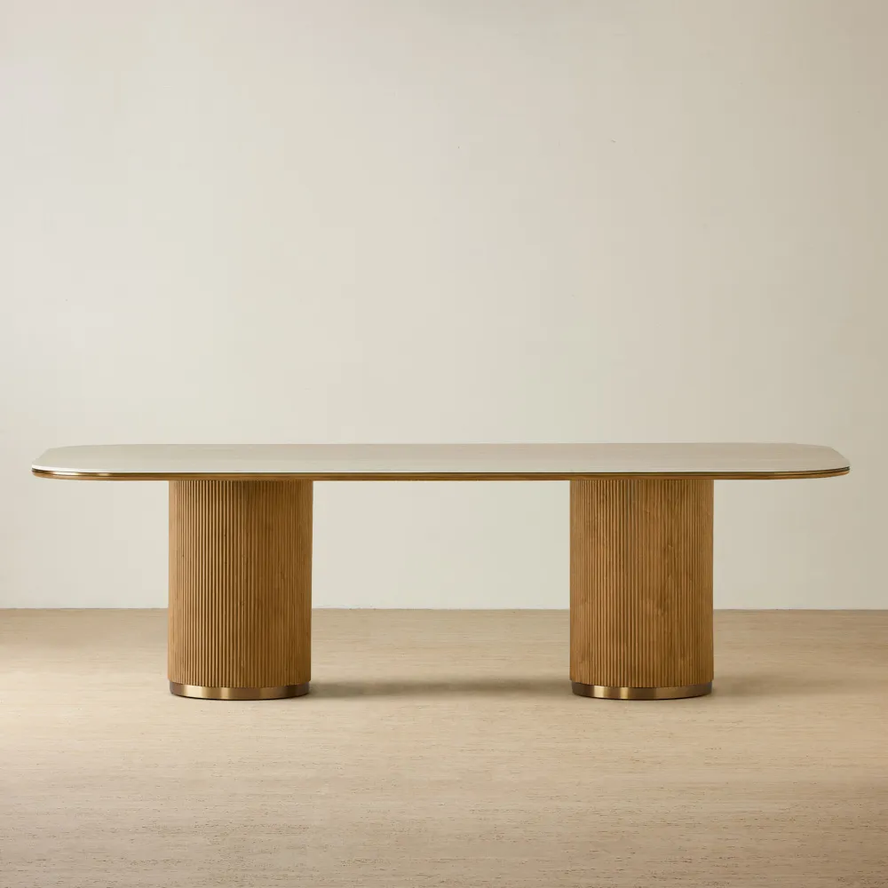 San Pierre Light Brown Ash Veneer Two-Leg Rectangular Dining Table with Travertine Finish Sintered Stone Top - 270x120cm