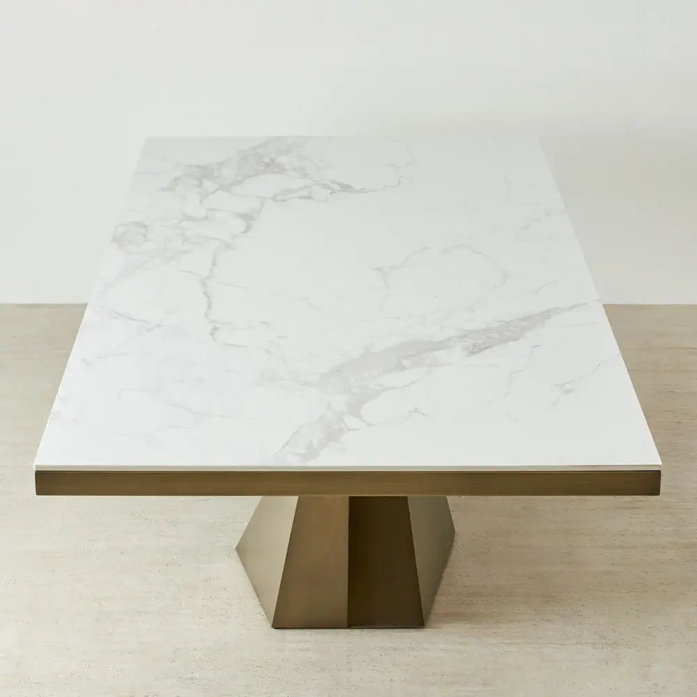 Vania Statuario White Sintered Stone Dining Table - Brushed Bronze Legs 200x118cm