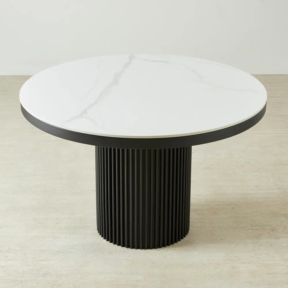 Archie White Sintered Stone Round Dining Table - Matte Black Leg 120cm