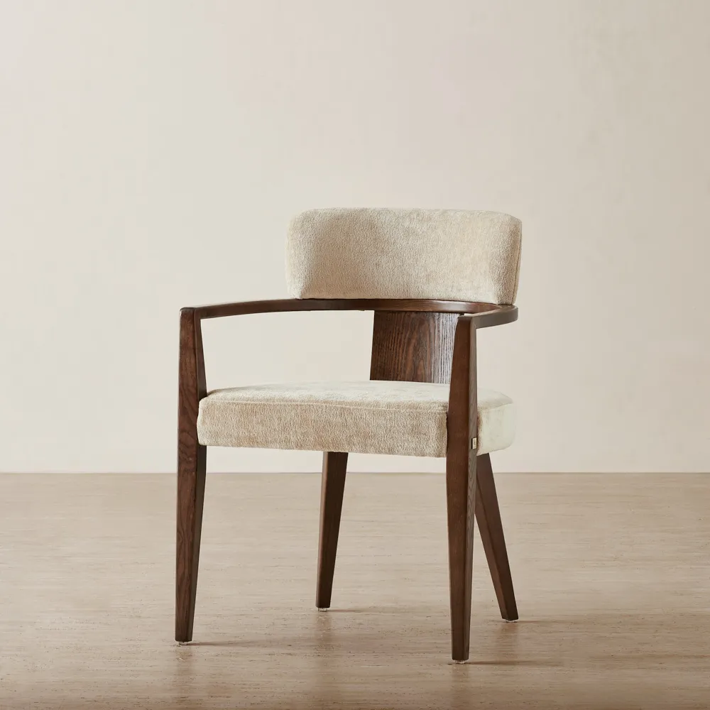 Lila Mid Beige Woven Fabric Dining Chair - Amber Brown Wooden Leg