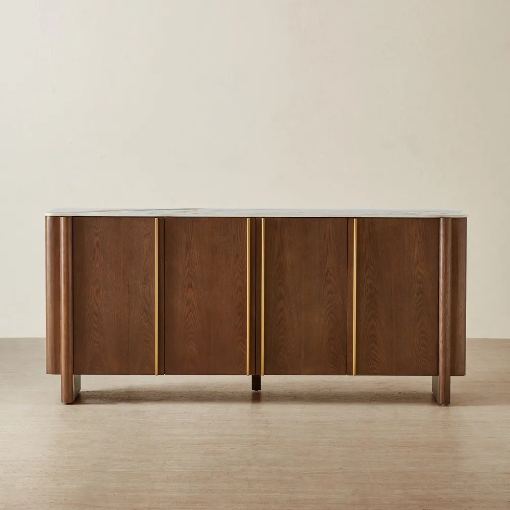 Sir Lionell Gliding White Sintered Stone Sideboard - Amber Brown Wooden Legs