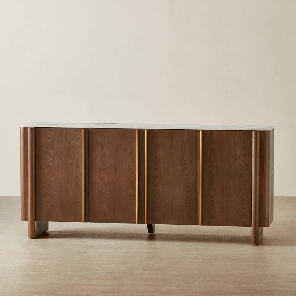 Sir Lionell Gliding White Sintered Stone Sideboard - Amber Brown Wooden Legs