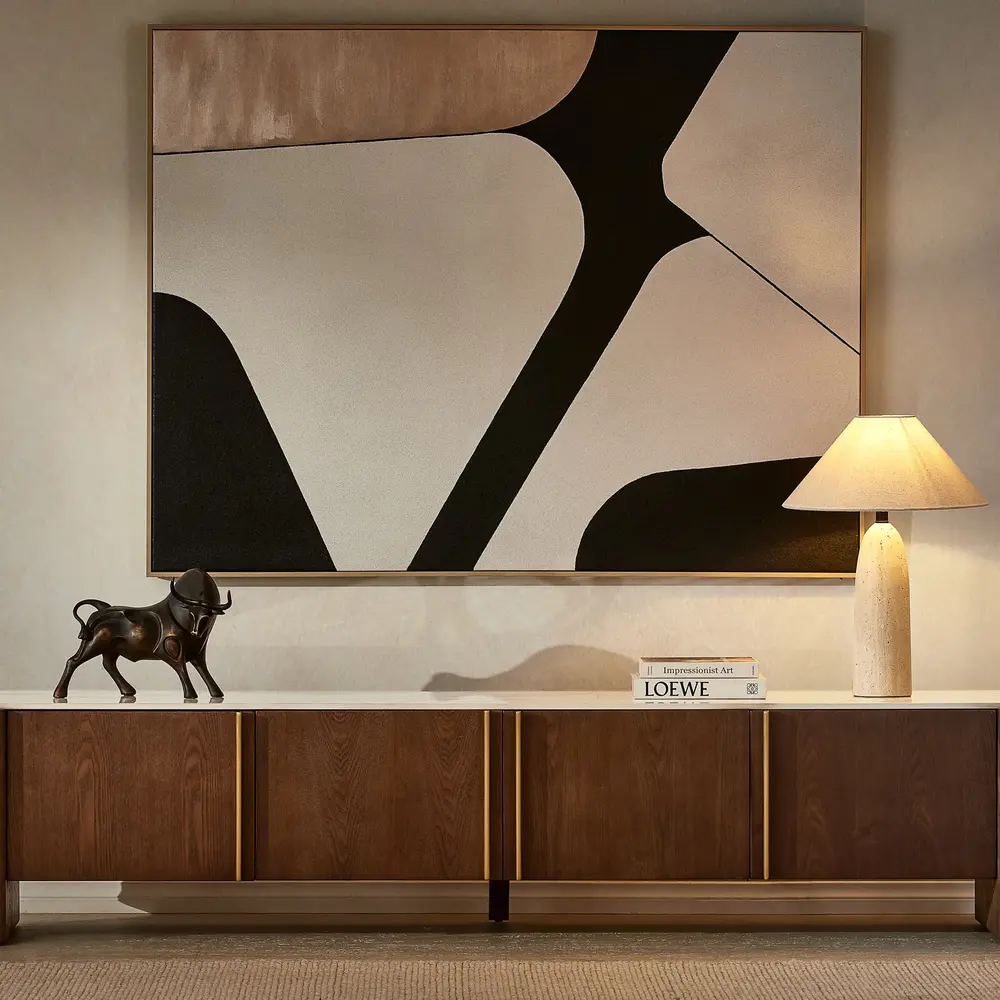 Sir Lionell Gliding White Sintered Stone Entertainment Unit - Amber Brown Wooden Legs