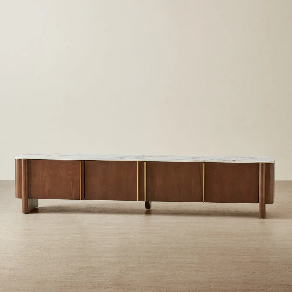 Sir Lionell Gliding White Sintered Stone Entertainment Unit - Amber Brown Wooden Legs