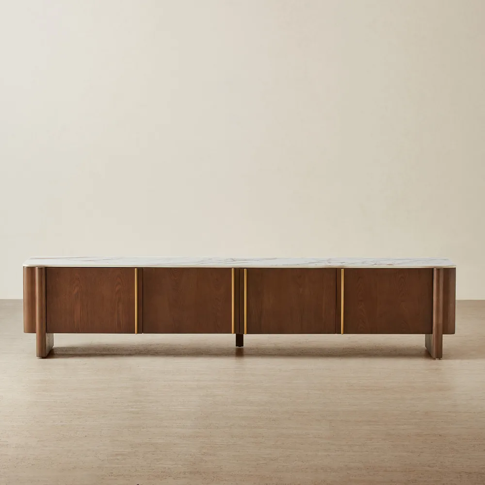 Sir Lionell Gliding White Sintered Stone Entertainment Unit - Amber Brown Wooden Legs