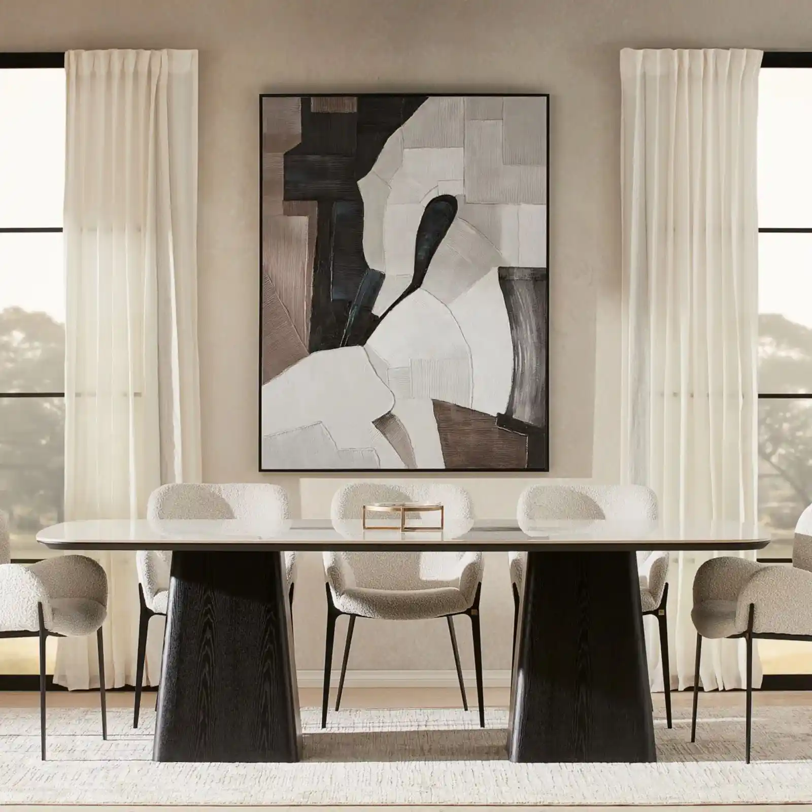 Dunstan Statuario White Sintered Stone Rectangular Dining Table - Black Wooden Legs