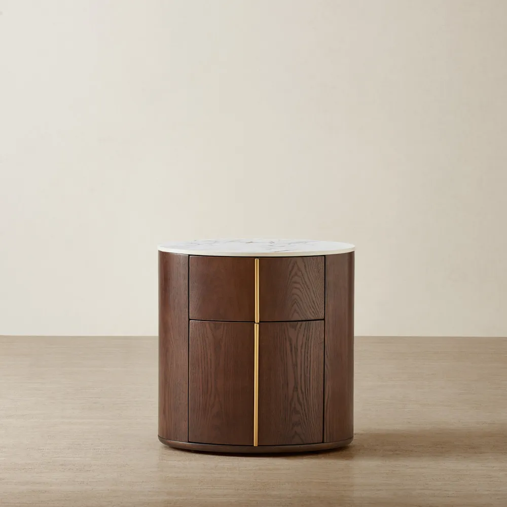 Sir Lionell Amber Brown Bedside Table - Gliding White Sintered Stone Top