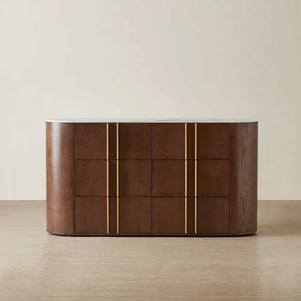 Sir Lionell Gliding White Sintered Stone Dresser - Amber Brown Wooden Leg