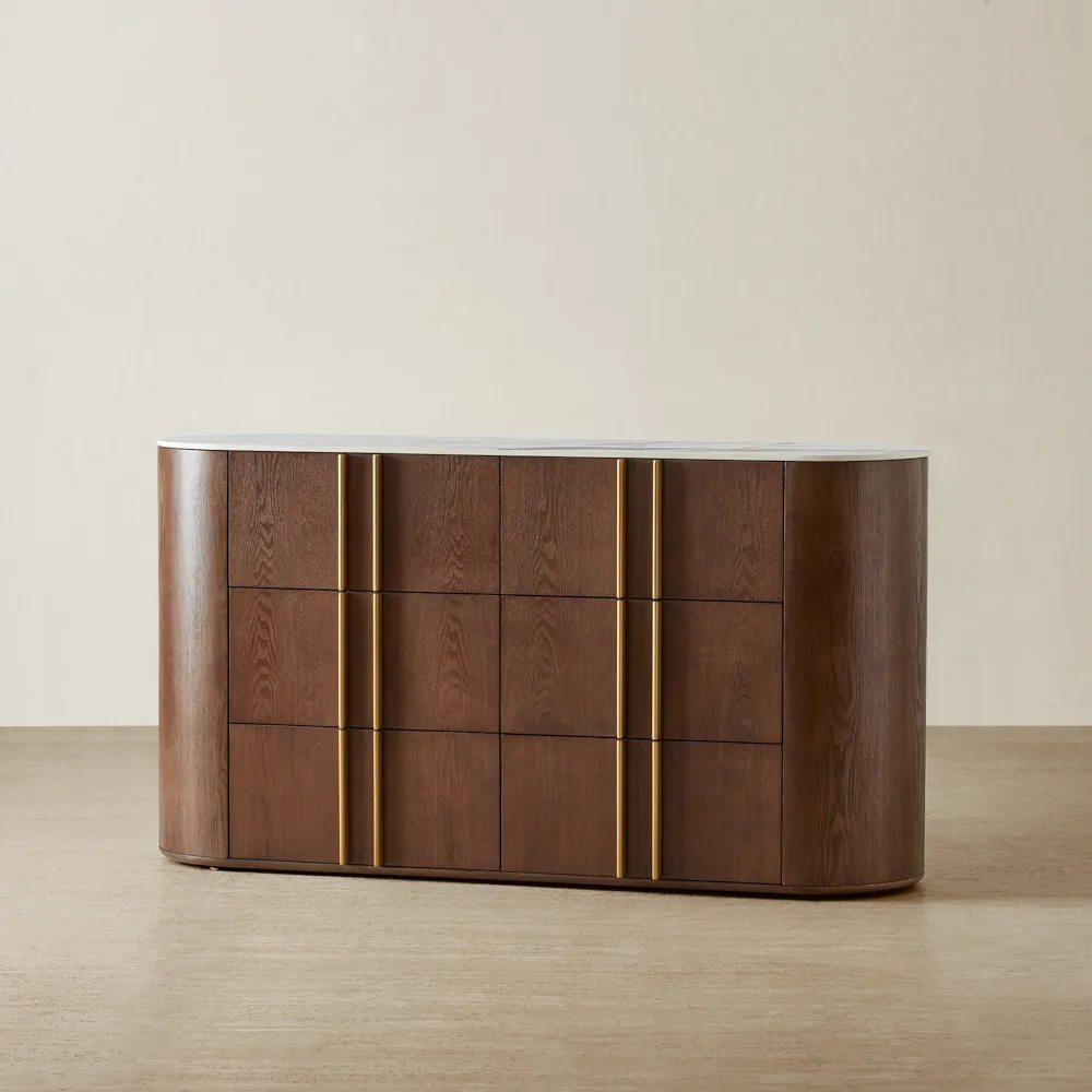Sir Lionell Gliding White Sintered Stone Dresser - Amber Brown Wooden Leg