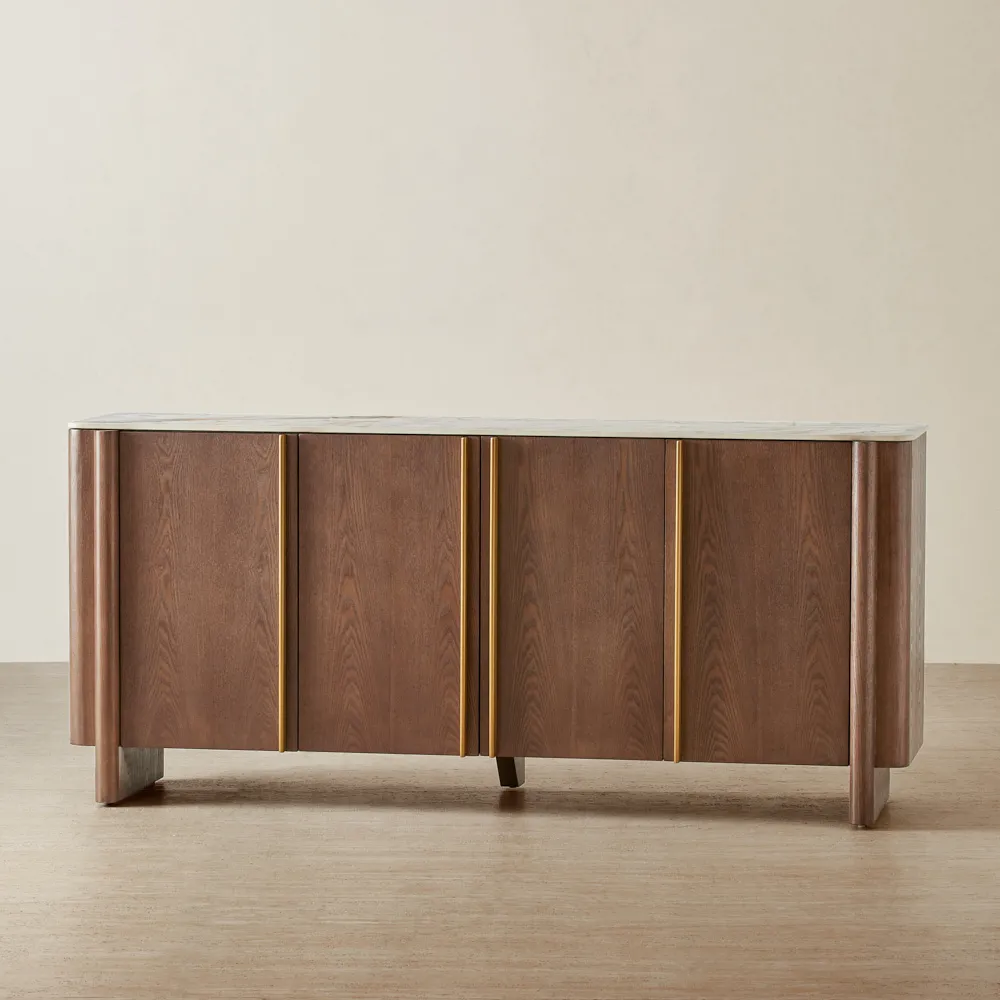 Sir Lionell Gliding White Sintered Stone Sideboard - Walnut Brown Wooden Legs