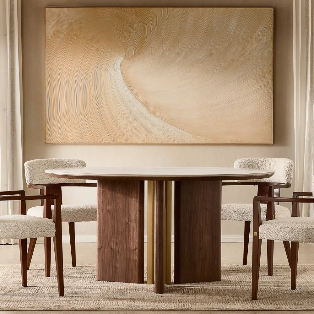 Sir Lionell II Gliding White Sintered Stone Round Dining Table - Walnut Brown Wooden Legs 150cm