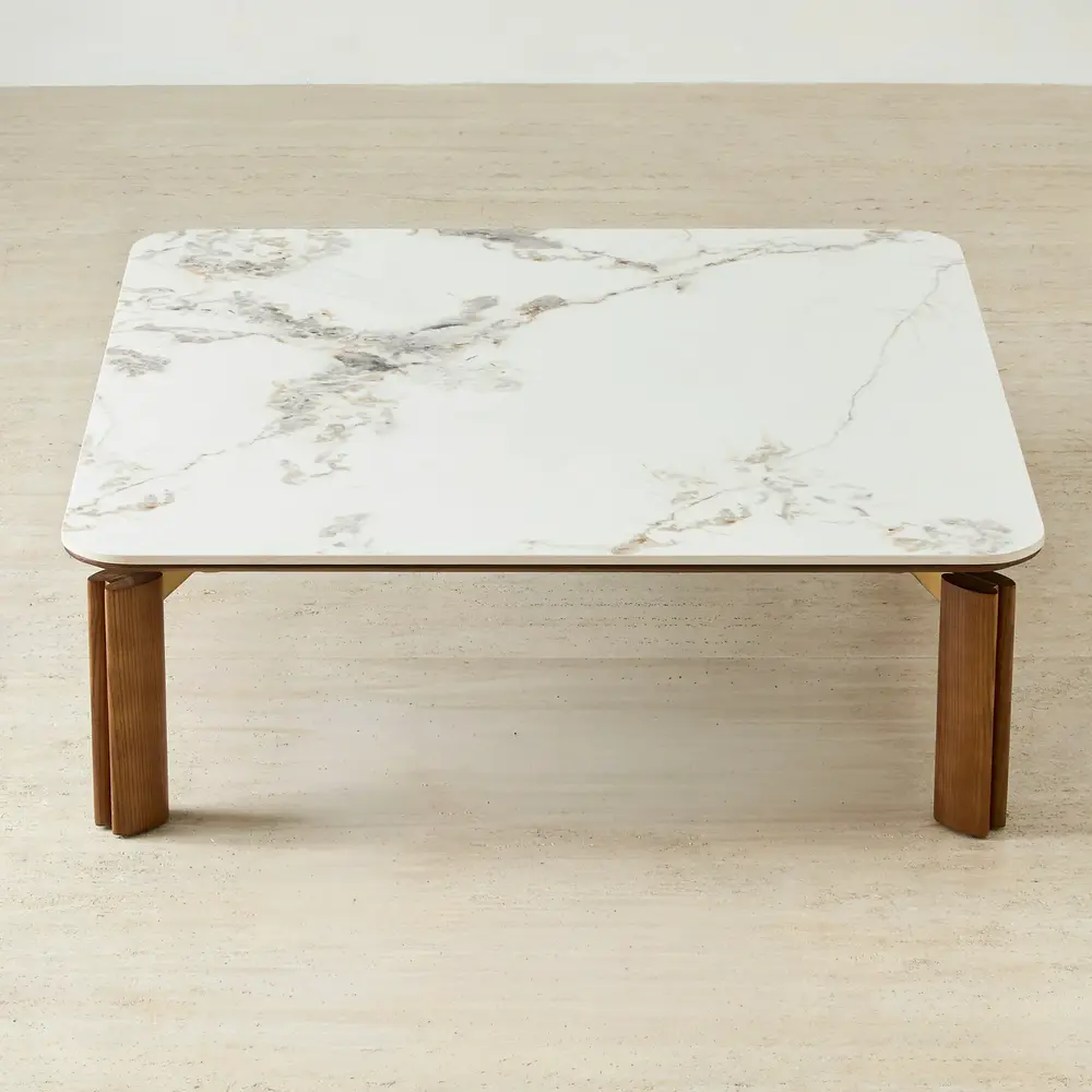 Portobello Toffee Brown Ash Veneer Square Coffee Table - Pandora Brown Sintered Stone Top