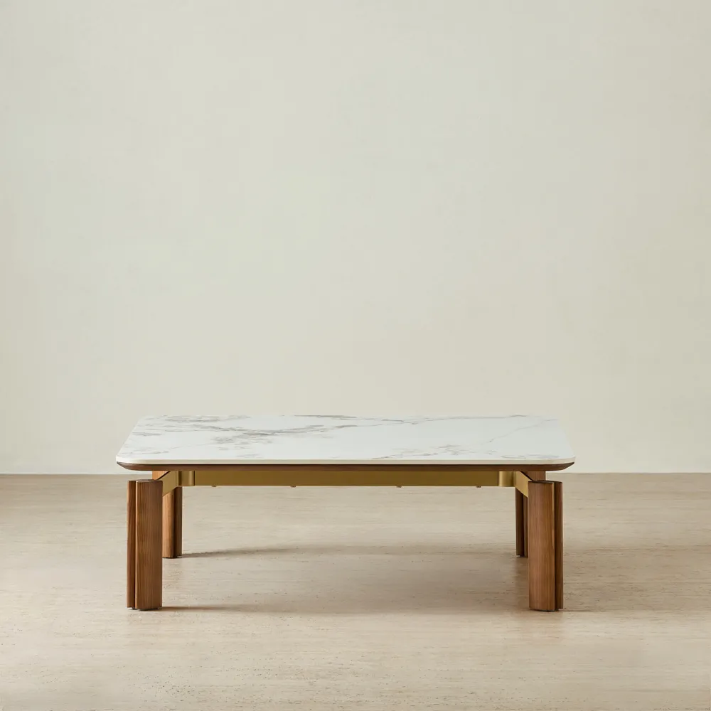 Portobello Toffee Brown Ash Veneer Square Coffee Table - Pandora Brown Sintered Stone Top
