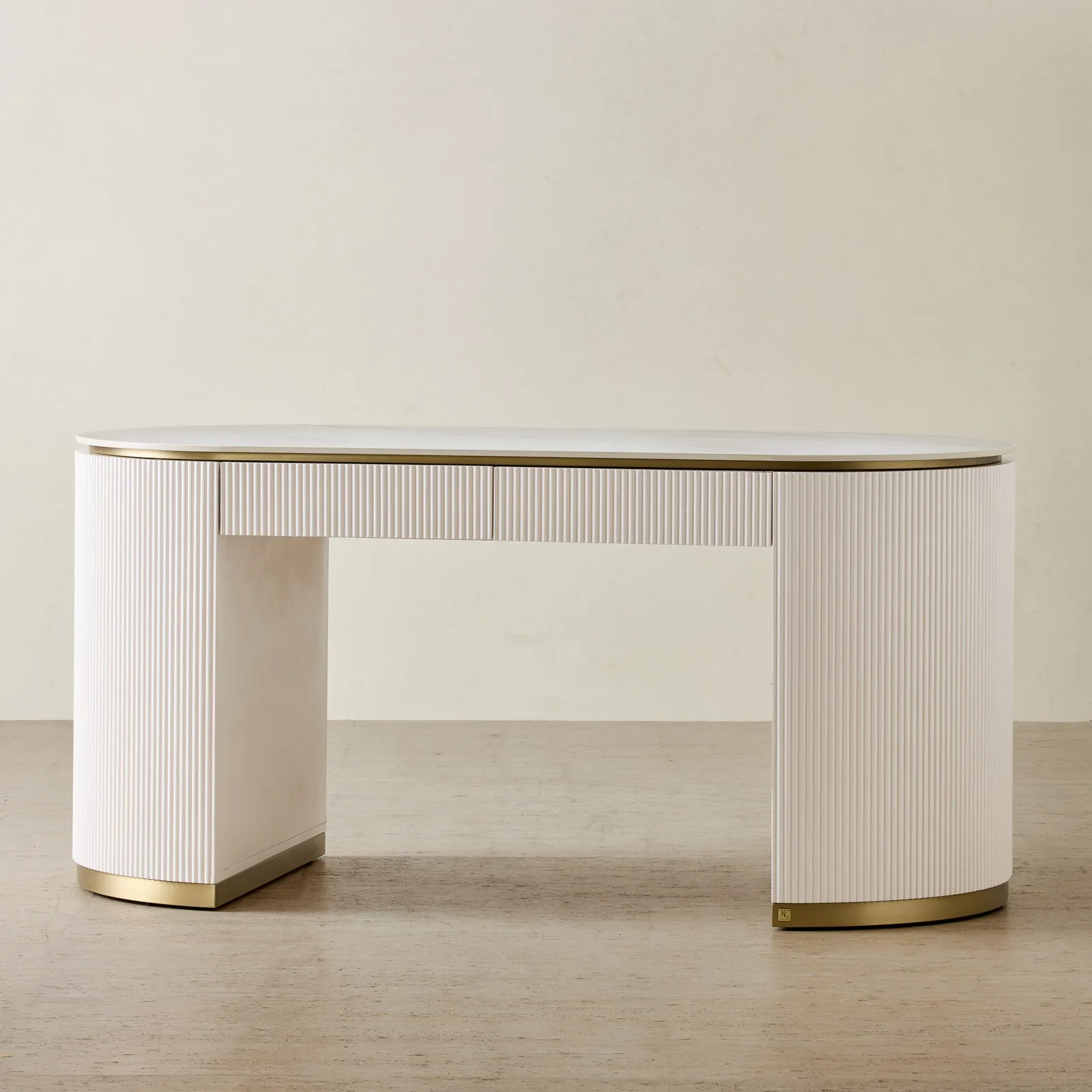 Archie Desk Archie Cream Wooden Study Desk with White Sintered Stone Top | Koala Living