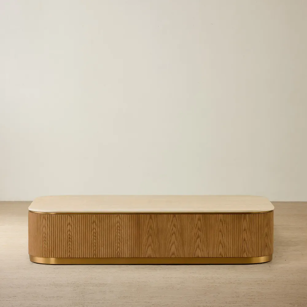 San Pierre Light Brown Ash Veneer Curved Rectangular Coffee Table with Travertine Finish Sintered Stone Top