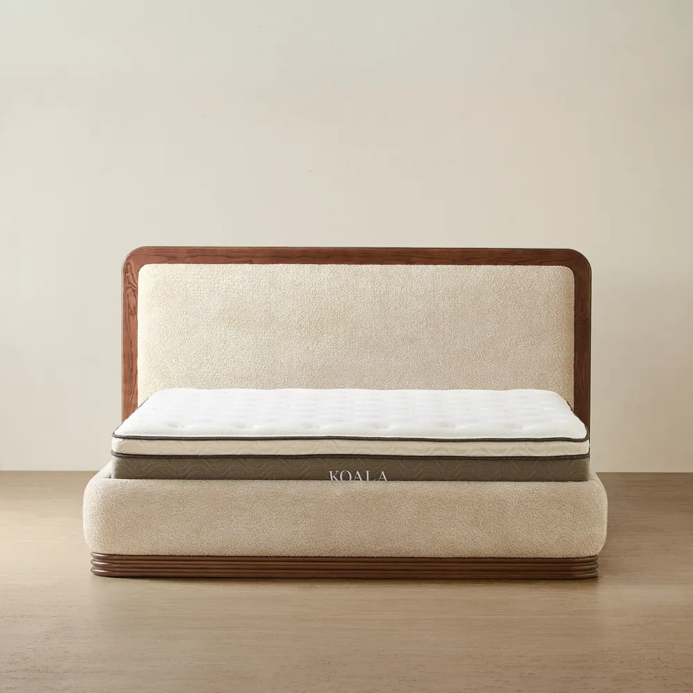 Ophelia Mid Beige Fabric King Bed with Smoky Walnut Bed Frame
