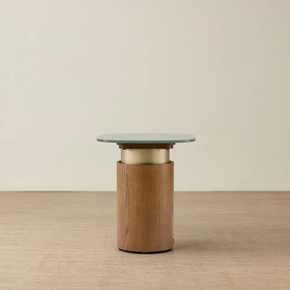 Felina Brown Oak Veneer Side Table with Champagne Gold Glass Top
