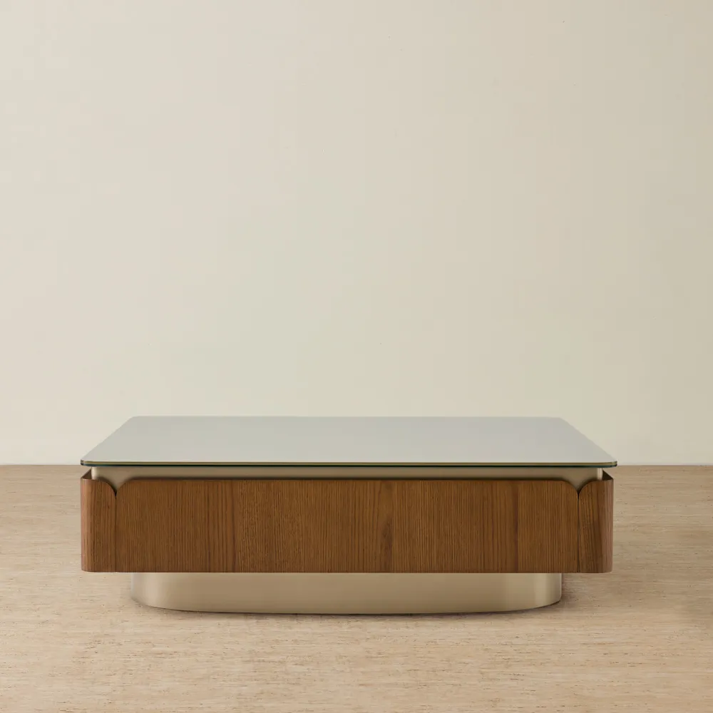 Felina Brown Oak Veneer Coffee Table with Champagne Gold Glass Top - 110x33cm