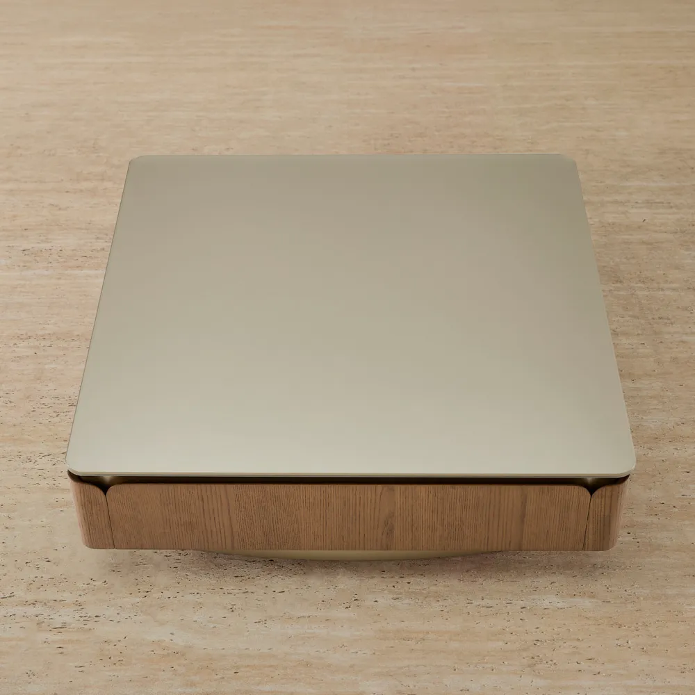 Felina Brown Oak Veneer Coffee Table with Champagne Gold Glass Top - 110x33cm
