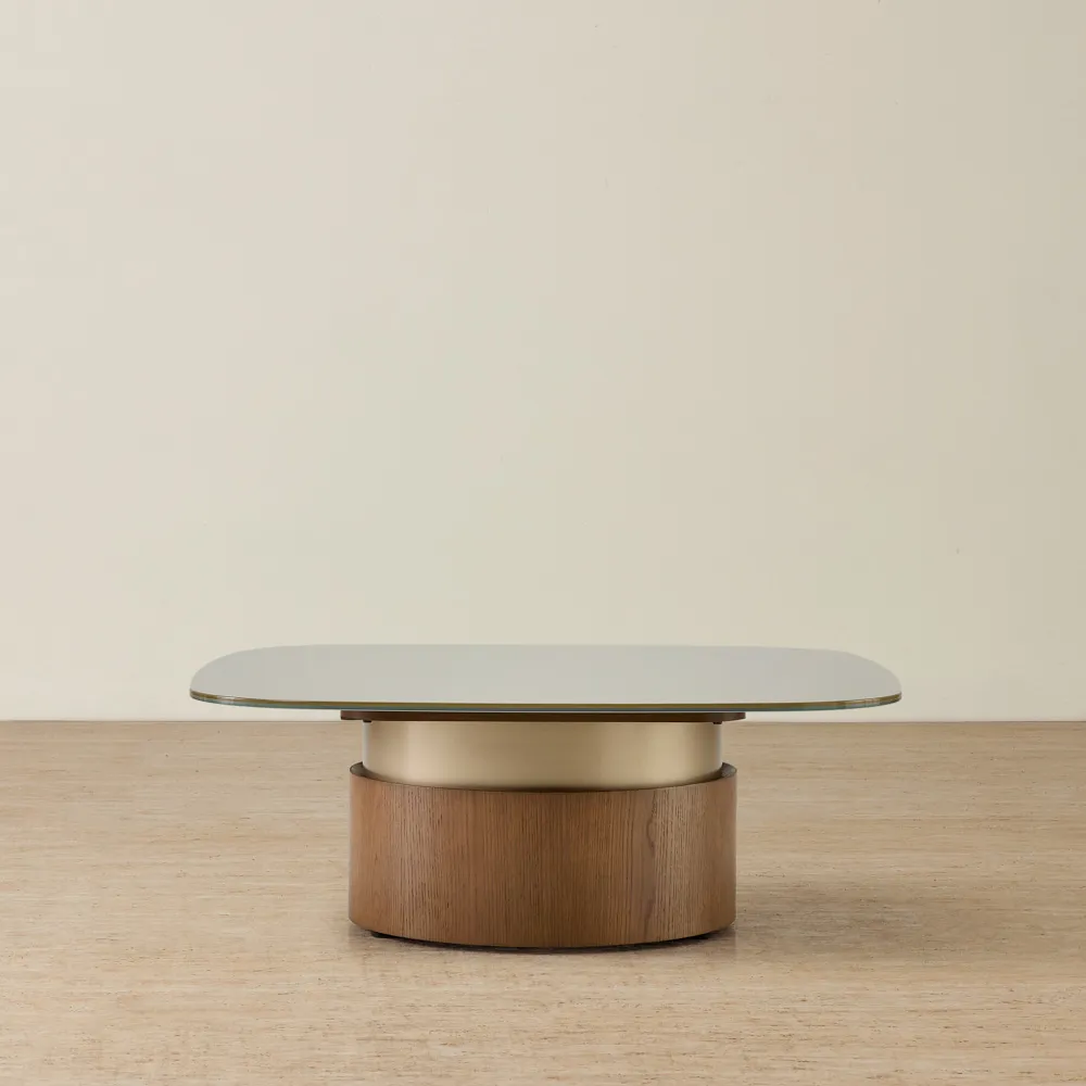 Felina Brown Oak Veneer Coffee Table with Champagne Gold Glass Top - 100x36cm