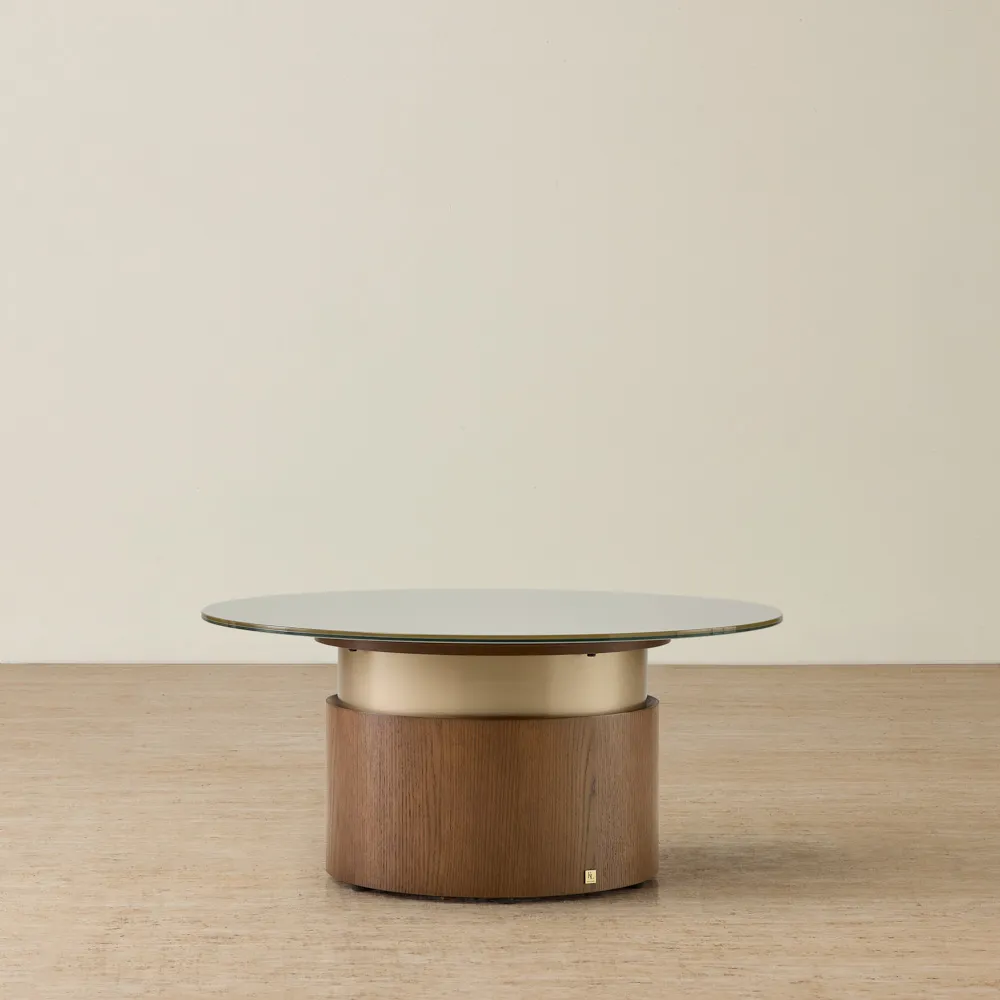 Felina Brown Oak Veneer Coffee Table with Champagne Gold Glass Top - 89x41cm