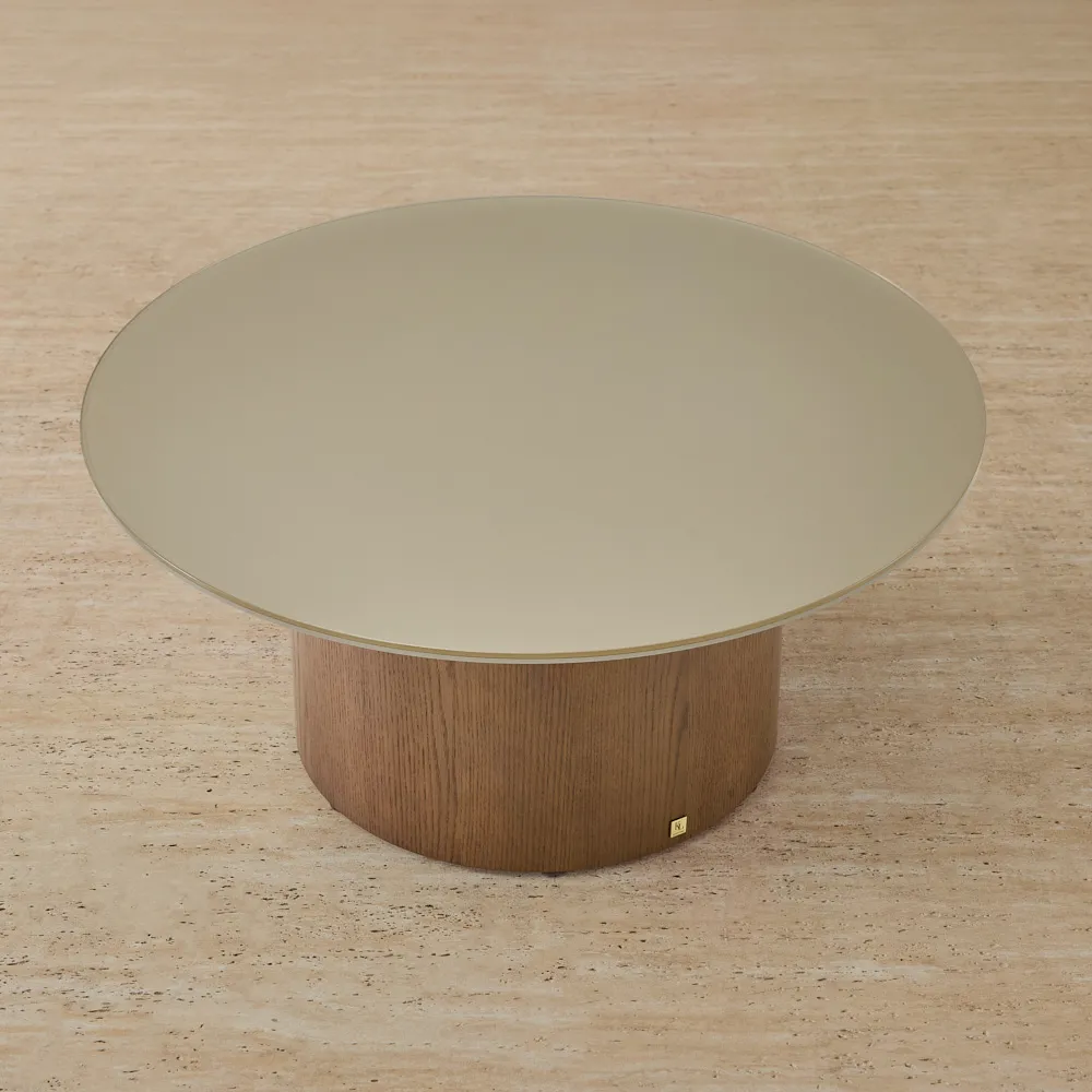 Felina Brown Oak Veneer Coffee Table with Champagne Gold Glass Top - 89x41cm
